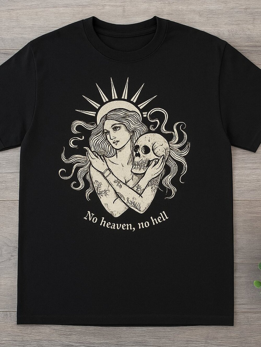 No Heaven No Hell Graphic Tee | Gothic Skeleton & Statue Black T-Shirt